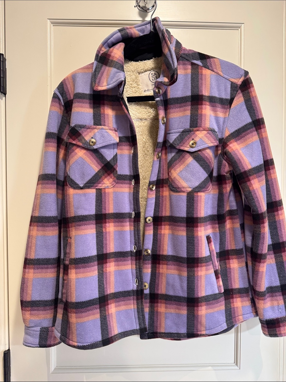 Sage Plaid Sherpa Lined Button Up plush shirt Jacket Lavender Pink XS